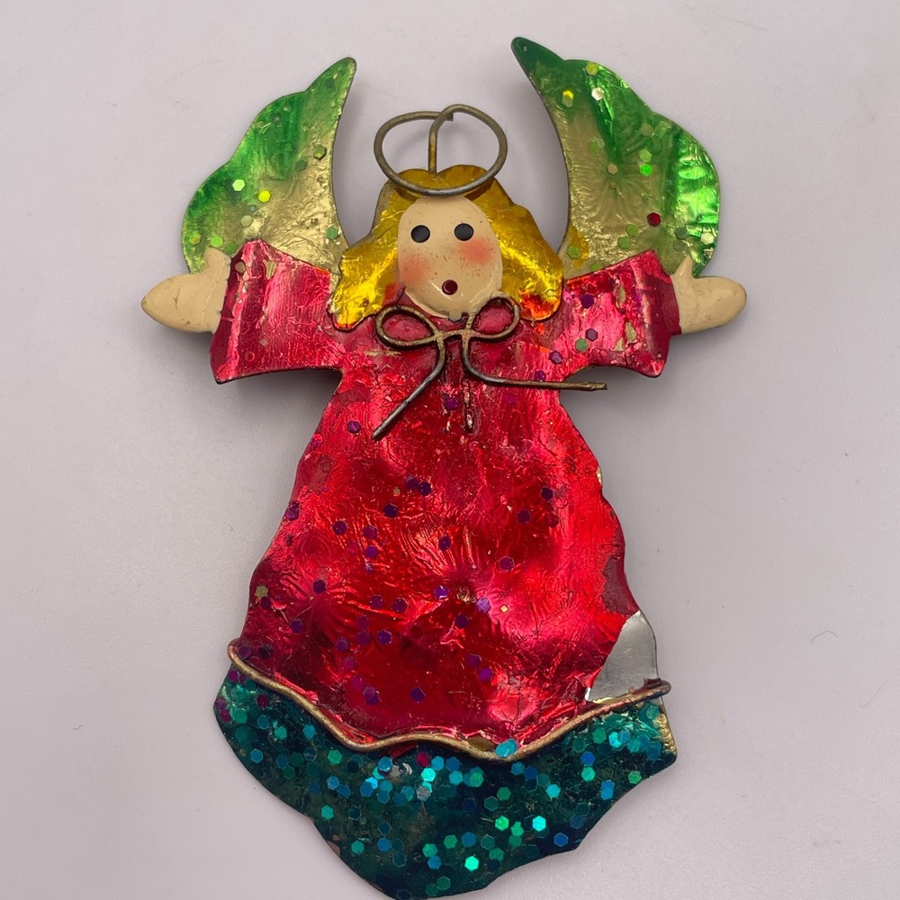 Vintage Christmas Angel Tin Brooch Red Green Foil Glitter Holiday Pin Classic